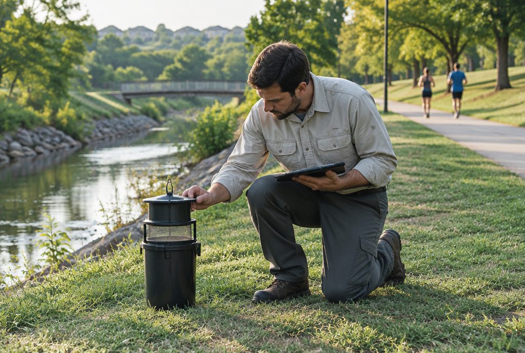Field technician checking a mosquito trap in a city park