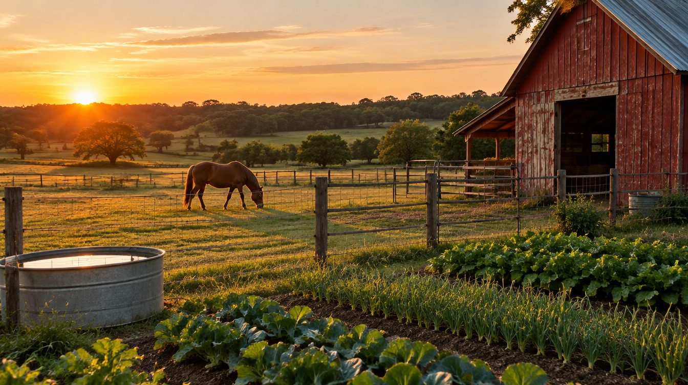 Horse grazing beside a red barn