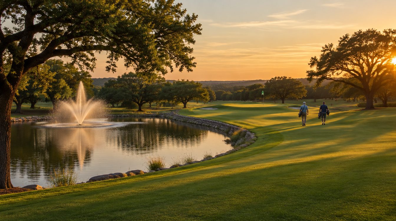 Golf fairway and pond at golden hour