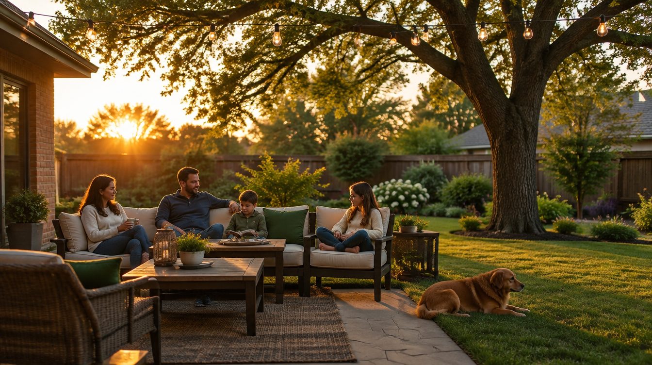 Family on a North Texas backyard patio at golden hour, dog on the lawn