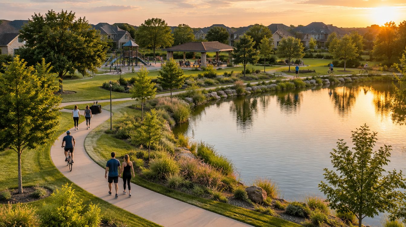 Community greenbelt trail around a pond