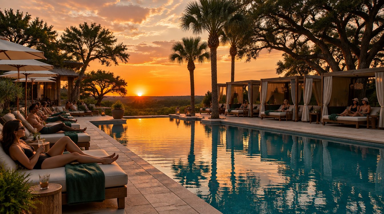 Resort pool at sunset